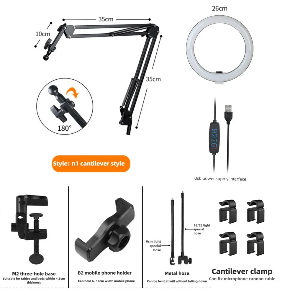 LED USB Fill Light with Phone Live Streaming Stand Flexible Gooseneck Circular Fill Light for Phone Live Streaming Clamp or Base