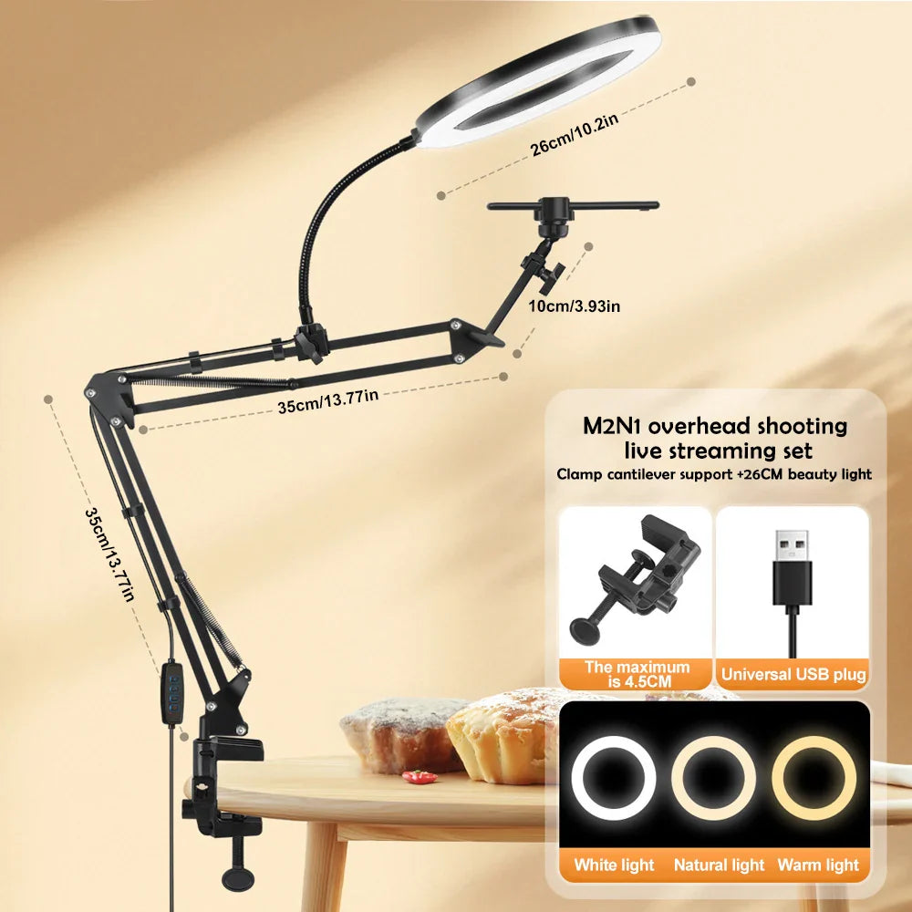 LED USB Fill Light with Phone Live Streaming Stand Flexible Gooseneck Circular Fill Light for Phone Live Streaming Clamp or Base